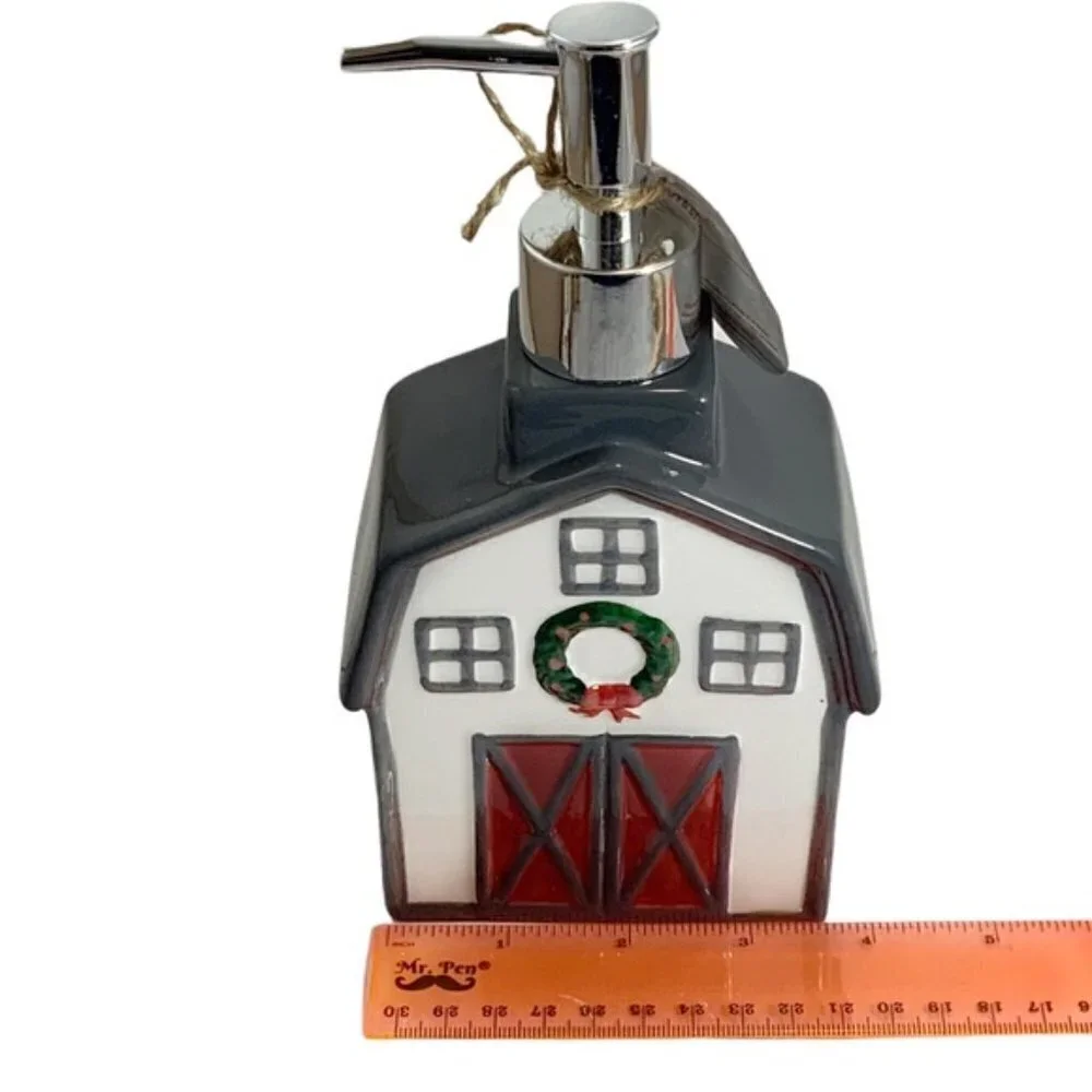 Christmas Barn Soap Lotion Dispenser Ceramic Hand Painted Gift Grey Wreath Re…